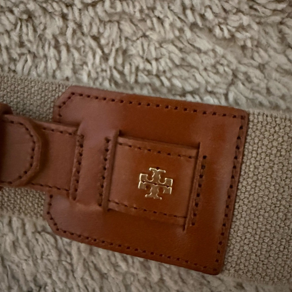 Tory Burch Beige Stretch Waist Belt with Tan Leather Trim & Gold Logo XS - Picture 2 of 5